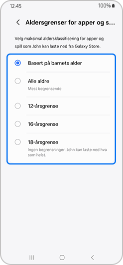Skjerm for alder for apper og spill, som viser alternativet Alle aldre valgt.