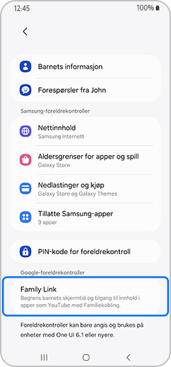Skjerm for barnekonto med Family Link uthevet.