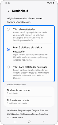Skjerm for nettsideinnhold med "Prøv å blokkere eksplisitte nettsteder" valgt.