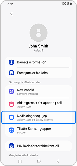 Foreldrekontrollmeny med Nedlastinger og kjøp uthevet.