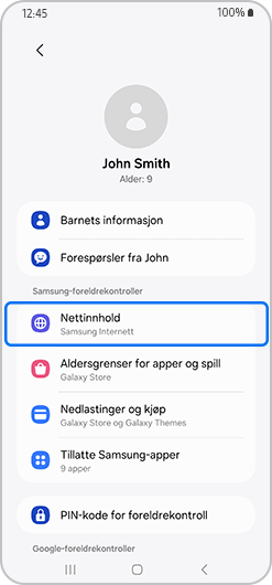 Foreldrekontrollmeny med nettsideinnhold uthevet.