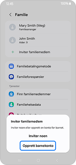 Pop-up for å invitere familiemedlem med opprett en konto uthevet.