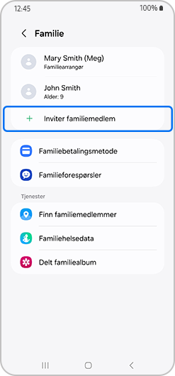 Inviter familiemedlem på familieskjermen uthevet