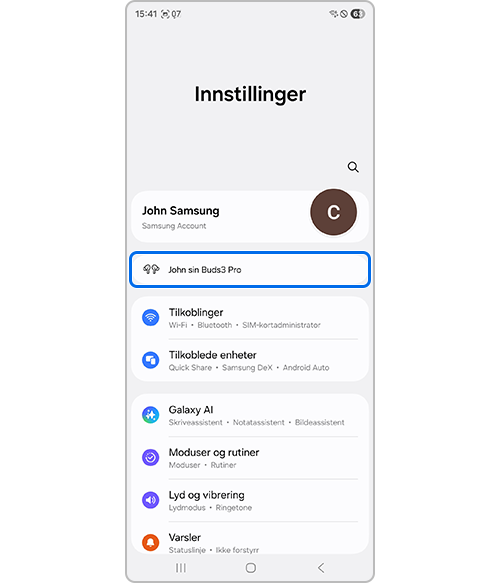 Tilkoblet Galaxy Buds gjennom Innstillinger