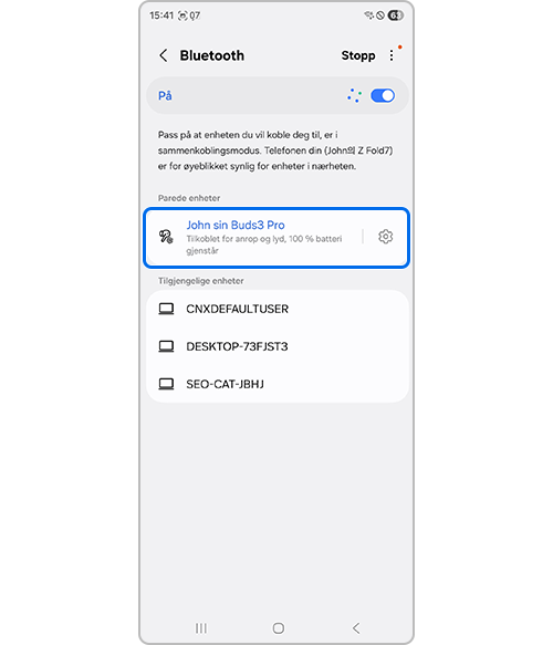 Tilkoblede Galaxy Buds gjennom listen over Bluetooth-enheter