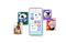 Galaxy smartphone is displaying different Apps & Services icons. On both sides of the smartphone, individuals can be seen using Galaxy devices and in poses associated with Galaxy Apps & Services.