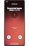 A smartphone screen showing the incoming call is suspected spam. The screen image is displayed in red.
