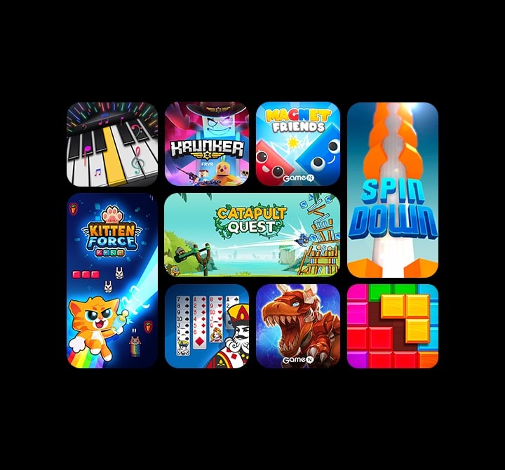 An assortment of games available within the Gaming Hub is showcased. Games like Kitten Force and Spin Down are in motion.