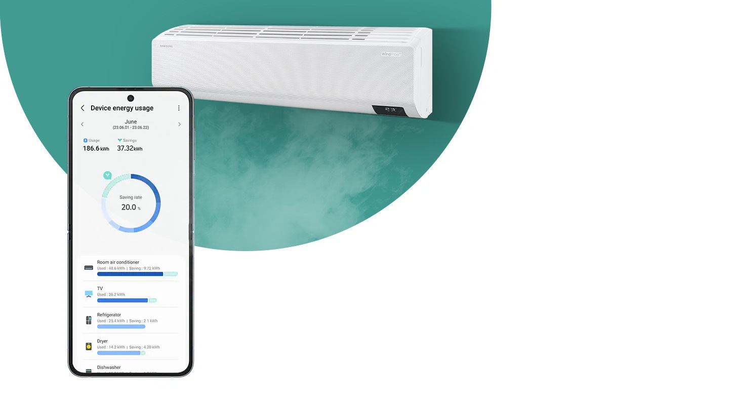Cold air disperses downward from a wall-mounted WindFree AC and butterflies fly beneath it. There is a closeup of a smartphone with the SmartThings app open onscreen and numbers to indicate energy savings.