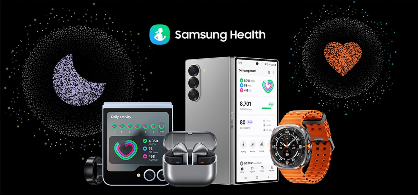 Galaxy Z Flip6, Galaxy Buds3, Galaxy Z Fold6 and Galaxy Watch Ultra are grouped together with the text 'Samsung Health' above them. Large app icons for sleep tracking and heart rate tracking are hovering over the devices.