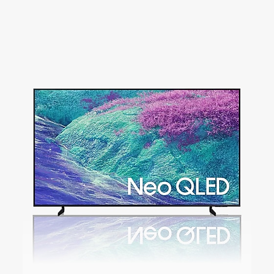 Neo QLED 4K is seen from the front, displaying a colourful screensaver.