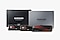The 870 EVO SATA 2.5” STA in black standing on one side next to the 870 QVO SATA 2.5” SSD, in front are two 990 PRO with Heatsink PCIe 4.0 NVME SSDs and one 990 PRO PCIe 4.0 NVME SSD next to one another.