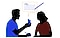An illustration of a man writing a message on his phone, then showing it to his friend.