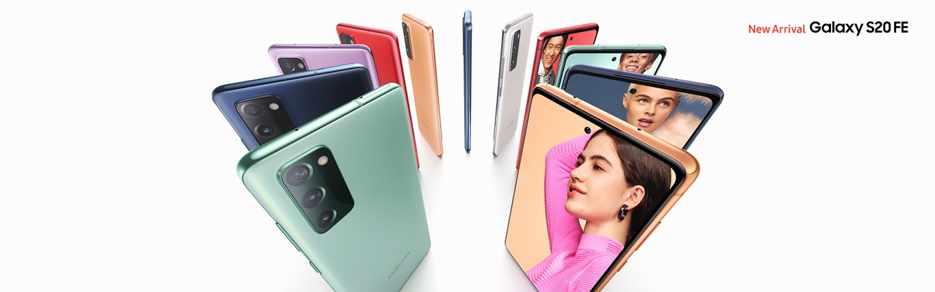 The Samsung Galaxy S20 FE shown in different colours including Cloud Navy, Cloud Red, Cloud Lavender, Cloud Mint, Cloud White and Cloud Orange.