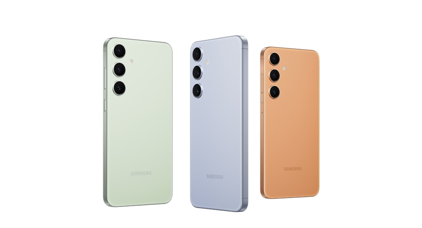 Three Samsung Galaxy S24 devices seen from the rear. Each showcases a different colour: Jade Green, Sapphire Blue and Sandstone Orange.