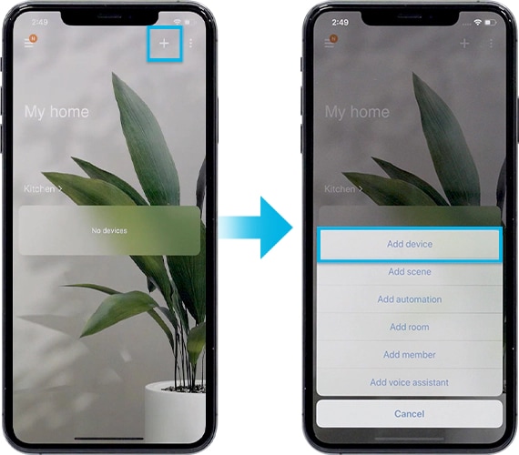 select add device on home view for ios