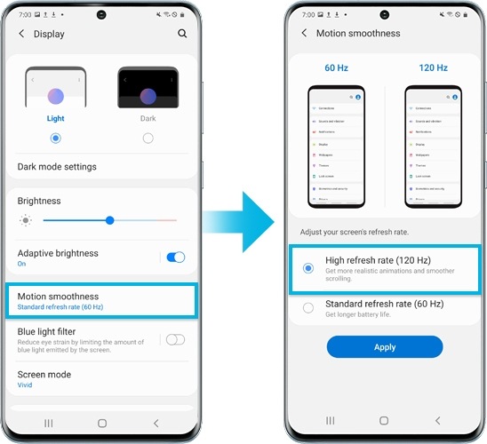 image of Galaxy S20 device setting the refresh rate