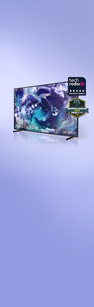 Neo QLED 8K QN900F. Tech radar EDITOR'S CHOICE logo and EDITOR'S CHOICE 2025 TECHAERIS logo. QN900F awarded Techradar Editor's Choice & Techaeris Editor's Choice, April 2025.