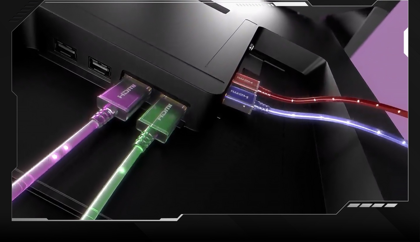 A Samsung Gaming TV rotates to show its back, where the HDMI 2.1 ports are located. Four HDMI cables are plugged in. Each surges with power in a different colour, including red, blue, green and pink. Rotating shots of the connected devices, such as consoles and controllers.