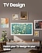 The Frame TV is hanging on a wall, accompanied by an array of picture frames, serving as a visual testament to TV Design. At the bottom, the text Match your TV design to your space is prominently showcased.