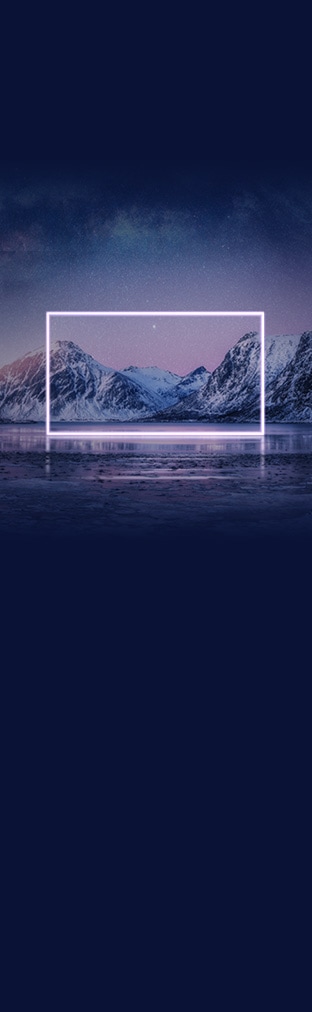A neon white frame sits on a wide, icy lake surrounded by snow covered mountains under a starry night sky