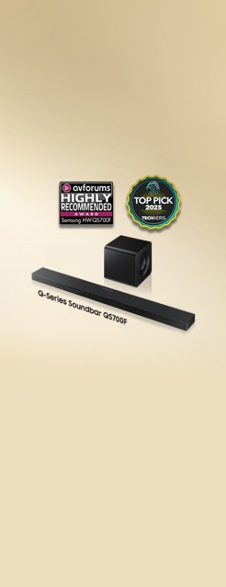 Q-Series Soundbar QS700F with Subwoofer. Avforums HIGHLY RECOMMENDED AWARD logo featuring Samsung HW-QS700F and TOP PICK 2025 TECHAERIS logo.