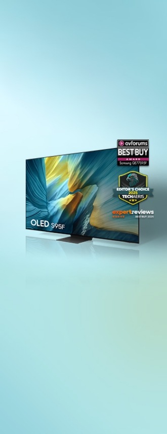 OLED S95F. Avforums BEST BUY AWARD logo featuring Samsung QE77S95F, EDITOR'S CHOICE 2025 TECHAERIS logo, and expertreviews BEST BUY 2025 logo.