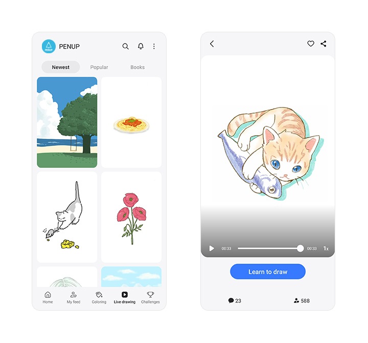 En la pantalla del primer teléfono inteligente, la aplicación PENUP muestra cuatro ilustraciones: un árbol, espagueti, un gato que atrapa un ratón y flores. La categoría de la parte inferior es dibujo en vivo. El segundo teléfono inteligente muestra un vídeo de un gato abrazando un pez, con el icono Aprender a dibujar visible.