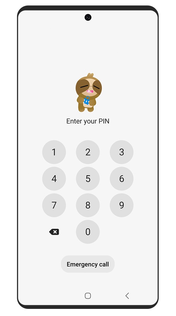 Una GUI muestra la pantalla de bloqueo con PIN de Samsung Kids con la indicación de introducir un PIN y un botón de llamada de emergencia debajo del teclado.