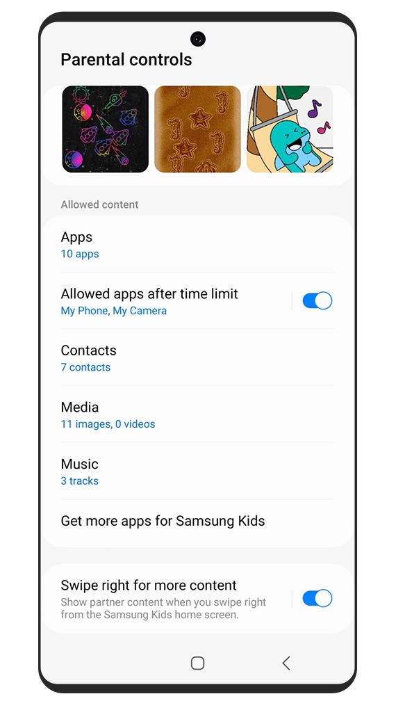 Una GUI muestra la pantalla de Samsung Kids con las creaciones de un niño y los controles parentales para las aplicaciones, los contactos, los archivos multimedia y la música.