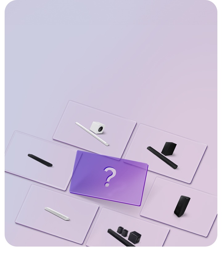 Una serie de tarjetas, cada una de las cuales muestra un dispositivo de sonido Samsung diferente. En el centro, aparece una tarjeta con un signo de interrogación.
