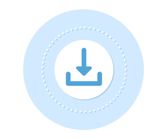 Un círculo azul claro con un icono de descarga indica que primero debes descargar e instalar la aplicación SmartThings en tu dispositivo móvil e iniciar sesión en tu Samsung Account.