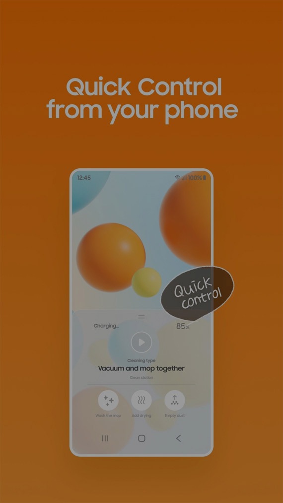 ¿Demasiados controladores remotos en casa? BESPOKE AI se une a SmartThings serie 1: Control rápido. El lavavajillas, la campana montada en la pared, la inducción de la placa de cocción y la aspiradora robot Jet Bot Combo están conectados a SmartThings con Bluetooth. Un icono de mano hace clic en el icono del control remoto del Jet Bot en el panel rápido de la aplicación SmartThings y activa el Control rápido. La mano selecciona la opción aspirar y fregar al mismo tiempo y la aspiradora robot deja su estación para limpiar. Usa el Control rápido desde tu smartphone para gestionar toda la línea blanca.