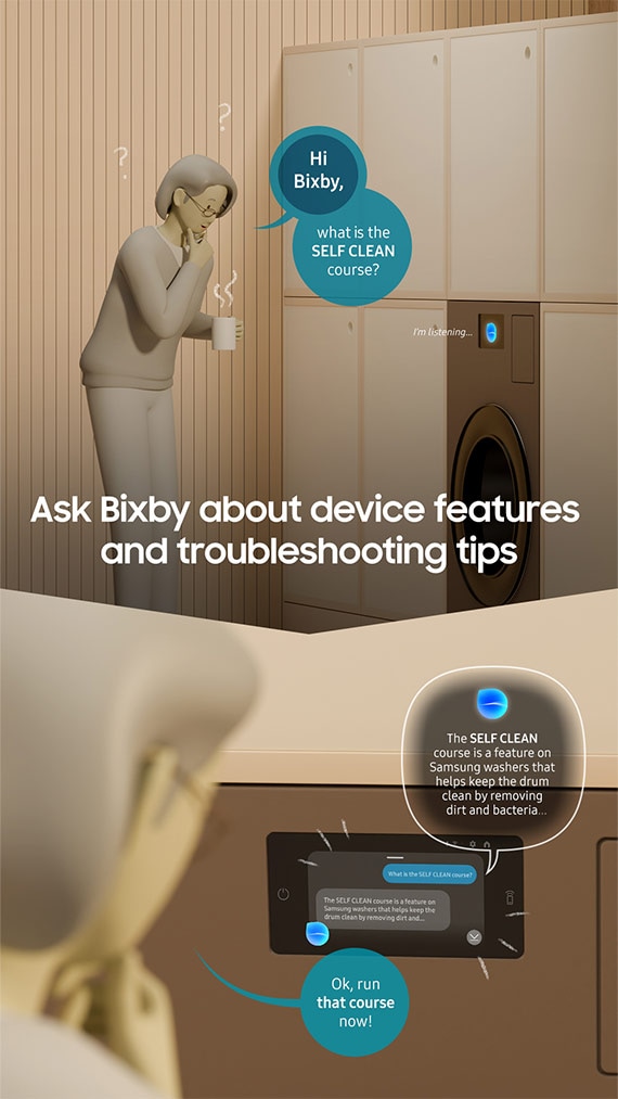 Una mujer parada frente a una lavadora. Dice: “Hola Bixby, ¿qué es el ciclo de autolimpieza?” Bixby se activa, lo que se indica por un logotipo en la pantalla de la lavadora. Dice: “Estoy escuchando”.  Pregúntale a Bixby las características del dispositivo y pídele consejos para la resolución de problemas. A continuación, Bixby responde que el ciclo de AUTOLIMPIEZA es una función de las lavadoras Samsung que ayuda a mantener el tambor limpio al eliminar la suciedad y las bacterias. La mujer responde bien, ejecuta ese ciclo ahora.