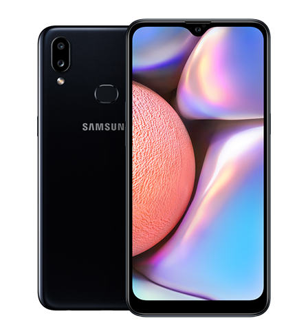 Vista trasera y frontal del Samsung Galaxy A10s en modo de retrato.