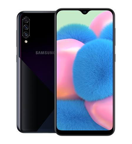 Vista trasera y frontal del Samsung Galaxy A30s en modo de retrato.