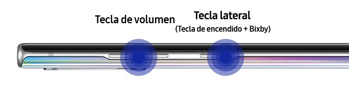 Imagen que muestra la tecla del Volumen y la tecla Lateral del lado izquierdo del dispositivo Note10