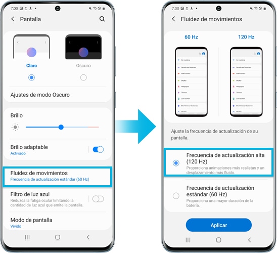 imagen de un dispositivo Galaxy S20 al ajustar la frecuencia de actualización