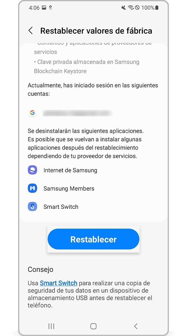 Aplicación de restablecimiento de datos de fábrica