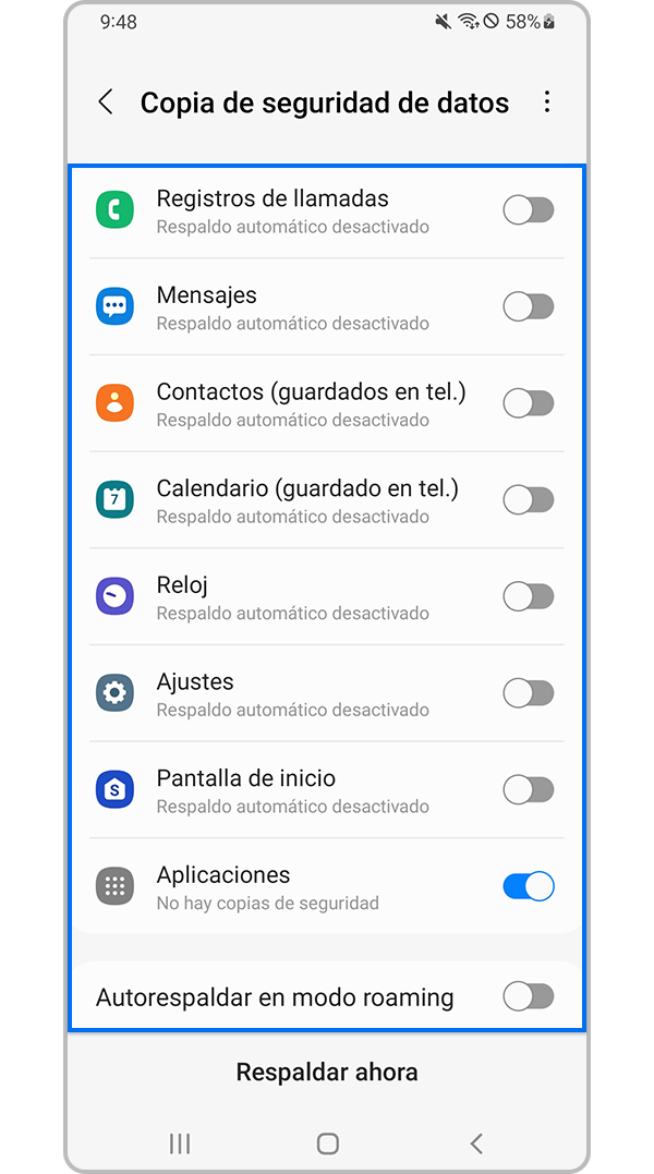 Seleccione el tipo de datos para cargar en Samsung Cloud