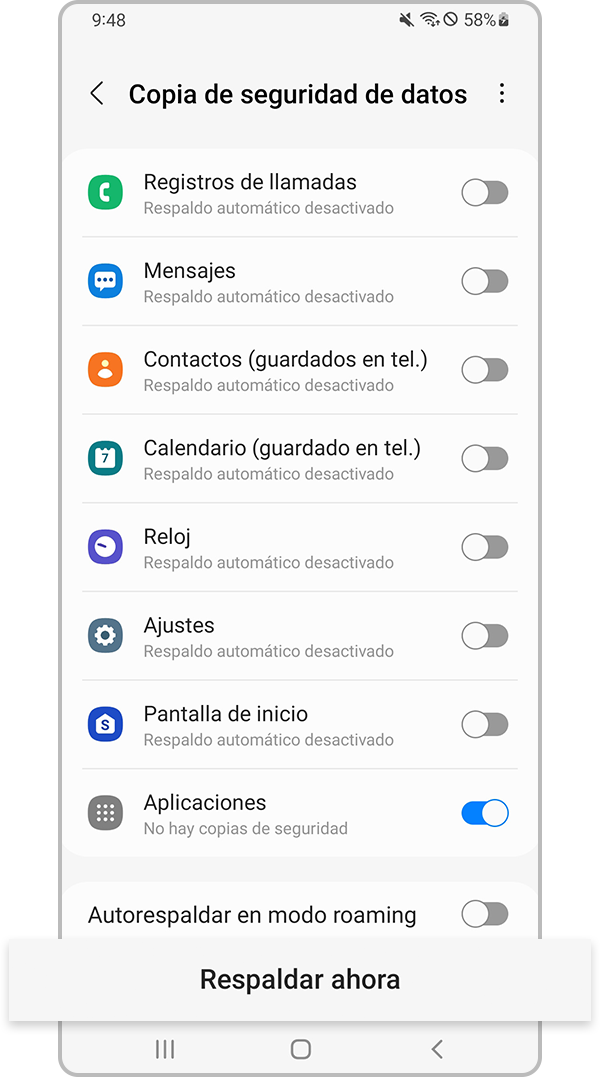 Seleccione Crear copia de seguridad ahora