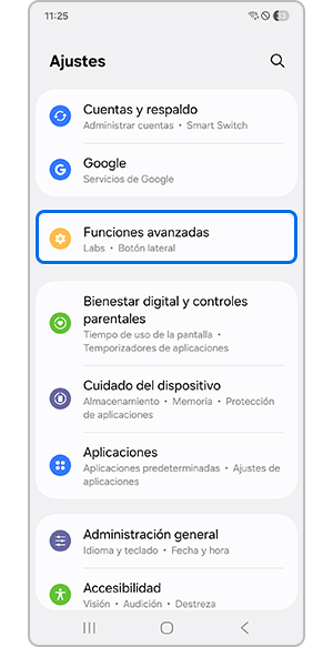 Seleccionar el menú Funciones avanzadas
