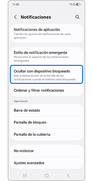 Seleccionar Ocultar con dispositivo bloqueado