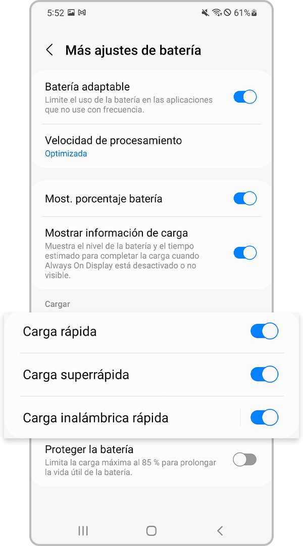 habilitar la configuración de carga rápida