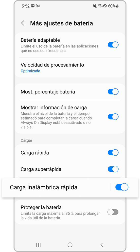 habilitar la configuración de carga rápida