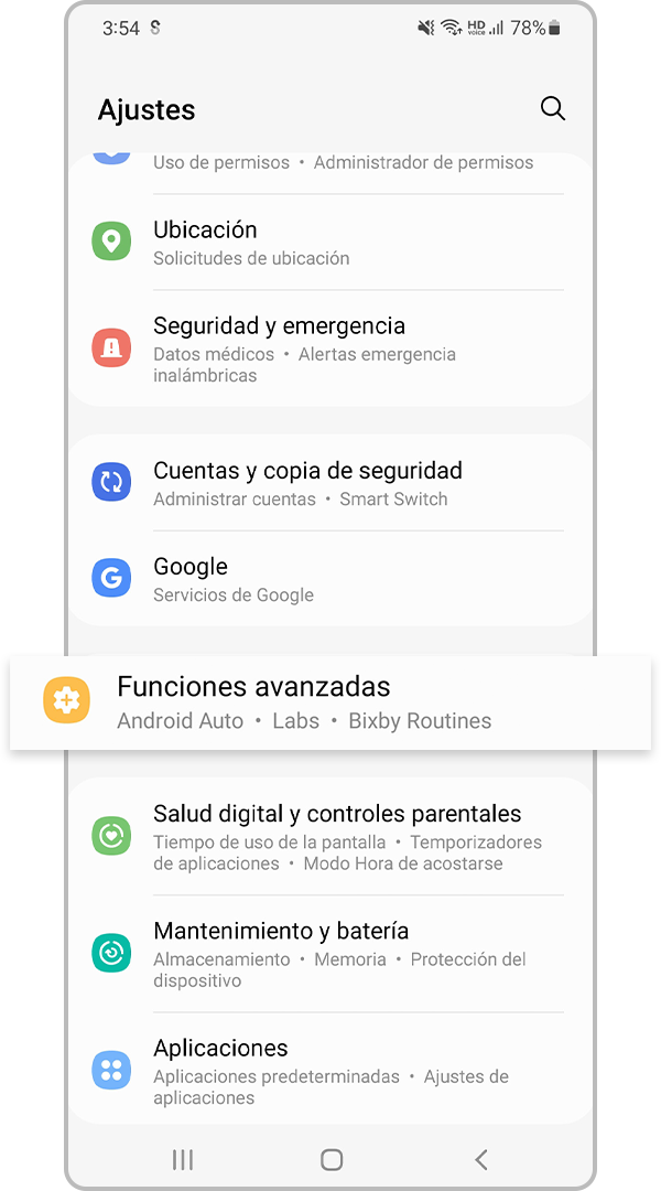configuración de funciones avanzadas