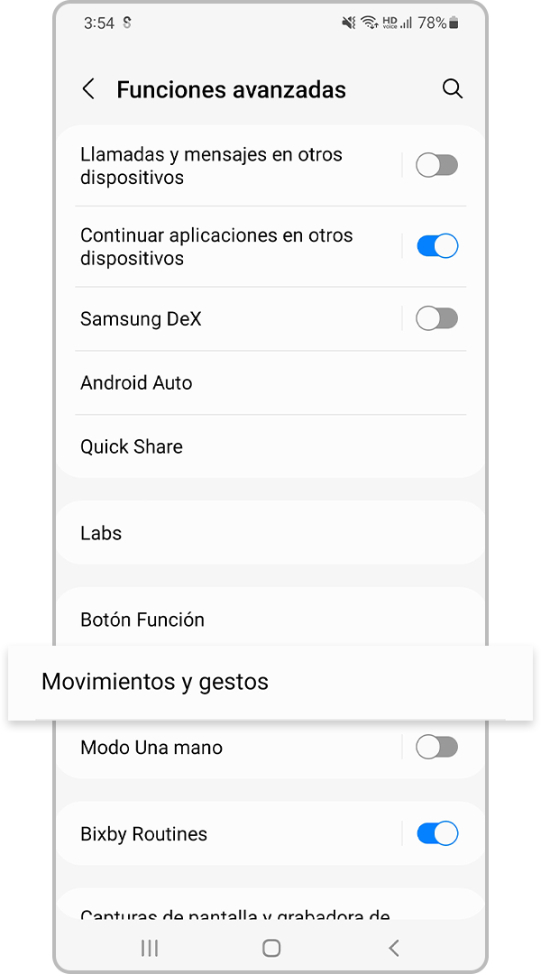 configuración de movimientos y gestos
