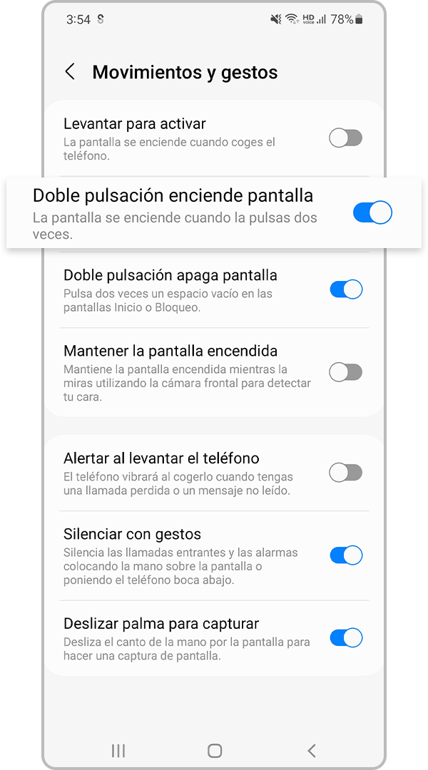 interruptor de pulsar dos veces para activar la pantalla