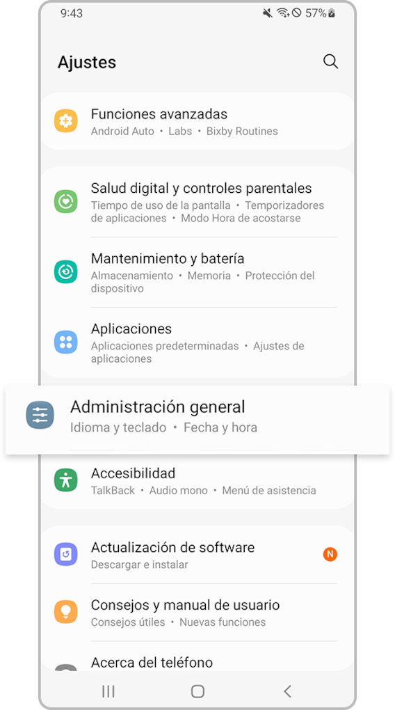 Gestión general en Ajustes