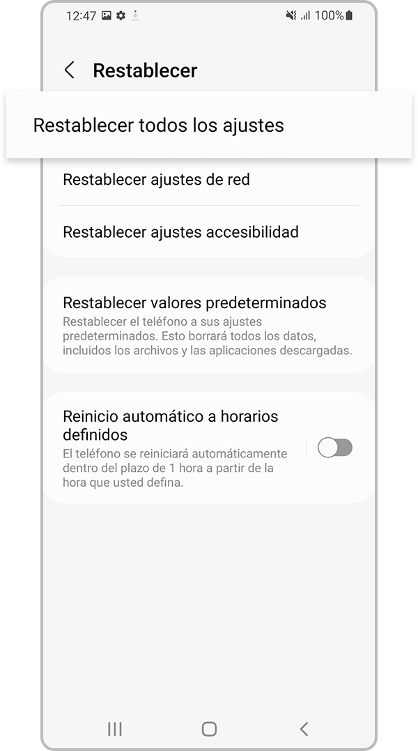 Seleccione Restablecer todas las configuraciones